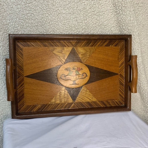 Vintage Wood Inlay Serving Tray 17”x11”Starburst Marquetry Mid Century